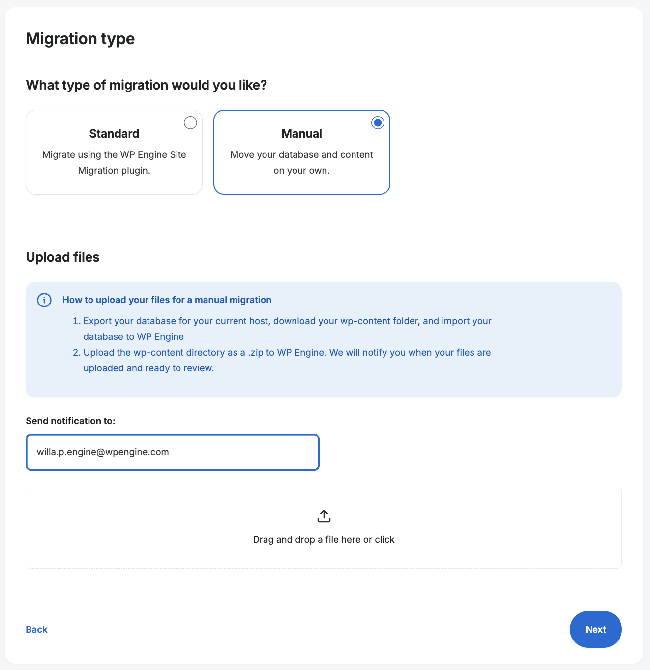 Screenshot of the Add Site page in the WP Engine User Portal showing the choice of a standard or manual migration for adding a new site